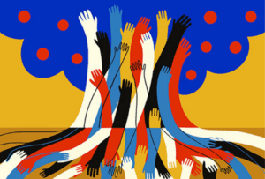 Görsel bir grafik tasarım. Zeminin üstte kalan üçte ikilik kısmı hardal sarısı, kalan kısmı daha koyu sarı renkte. Mavi renkte, kırmızı benekli bir ağaç tam ortaya yerleştirilmiş. Zeminin üst kısmında ağacın kalın gövdesi, daha koyu sarı alt kısmında güçlü kökleri var. Ağacın gövdesi ve kökleri rengarenk ve köklerden yukarı doğru uzanan çok sayıda elden oluşuyor. Bu ellerin bazıları da köklere elini vermiş ve onları yukarı çekiyor ya da köklerle elele tutuşmuş duruyor.