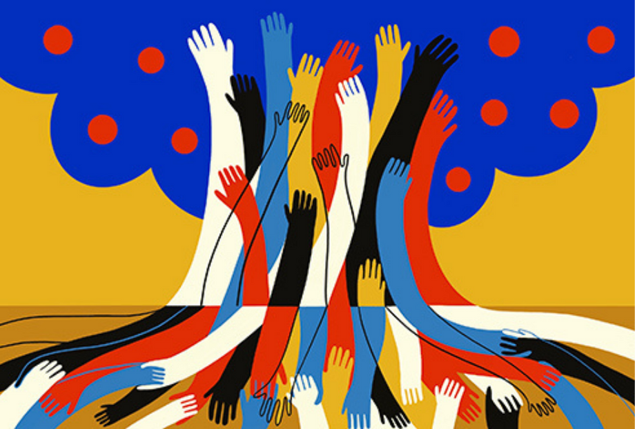 Görsel bir grafik tasarım. Zeminin üstte kalan üçte ikilik kısmı hardal sarısı, kalan kısmı daha koyu sarı renkte. Mavi renkte, kırmızı benekli bir ağaç tam ortaya yerleştirilmiş. Zeminin üst kısmında ağacın kalın gövdesi, daha koyu sarı alt kısmında güçlü kökleri var. Ağacın gövdesi ve kökleri rengarenk ve köklerden yukarı doğru uzanan çok sayıda elden oluşuyor. Bu ellerin bazıları da köklere elini vermiş ve onları yukarı çekiyor ya da köklerle elele tutuşmuş duruyor.