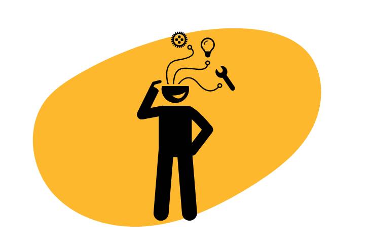 Görsel beyaz zemin üzerinde hazırlanmış bir grafik tasarım. Tasarımın ortasında, sarı ve yamuk şekilde bir yuvarlak var. Sarı yuvarlağın iç kısmında bir insan figürü çizimi var. İnsan figürünün sağ eli belinde olarak çizilmiş. Sol kolu ise işaret parmağı ile kafasını gösteriyor. Kafa kısmının yarısı çizilmemiş şekilde belirtilmiş. Figürün kafasından 3 farklı ok çıkıyor. Okların birinde ingiliz anahtarı, birinde ampul, birinde makine dişlisi çizimi yer alıyor.