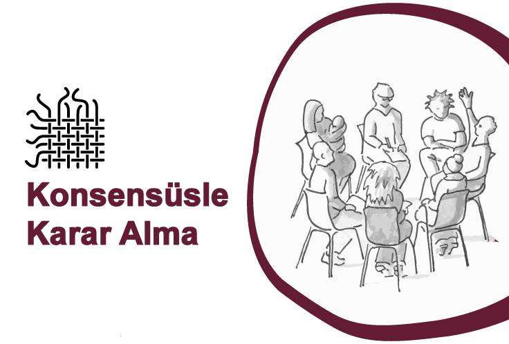 Bu görsel Konsensüsle Karar Alma kitabının kapağı. Görselin solunda iç içe geçerek kare bir desen oluşturmuş ipler yeralıyor. Bu kare şeklin altında ise "Konsensüsle Karar Alma" yazıyor. Görselin sağında sandalyede oturan çember olmuş yedi insan çizimi yeralıyor. Bu çizim mor bir çemberle çevrilmiş.
