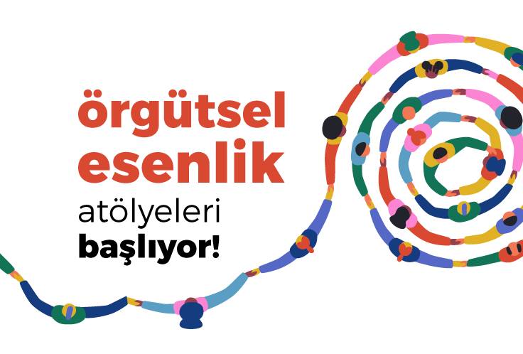 Görsel beyaz zemin üzerine oluşturulmuş bir grafik tasarım. Görselin sağında alt alta "örgütsel esenlik atölyeleri başlıyor!" yazıyor. Sağında ise; el ele tutuşarak yuvarlak spiral oluşturulmuş bir insan grubu yer alıyor. İnsanlar rengarenk ve farklı şekillerde, hepsi tepeden görünüyor.