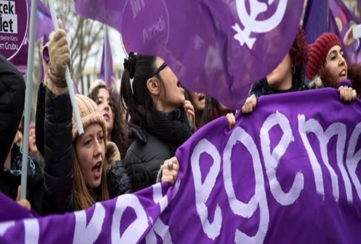 Görsel, feminist bir sokak eylemi sırasında çekilmiş bir fotoğraf. Fotoğrafta kadınların taşıdığı mor pankart, yukarıda tuttukları yumruklu feminalı ve rengarenk feminalı mor bayraklar görünüyor. Ancak fotoğraf çok yakından çekilmiş. Mor pankartın üzerinde beyaz boyayla ve küçük harflerle yazılmış "erkek egemen" yazısı seçiliyor. Kadraja tamamı alınmamış. Sol üstte bir kadının taşıdığı mor lolipopta beyaz çerçeve içine siyah kalın ve küçük harflerle yazılmış "erkek adalet değil gerçek adalet" sloganı ve altında "kadın cinayetlerine acil önlem grubu" imzası kısmen görünüyor. Fotoğrafta yakın çekime rağmen pankartın arkasında bir kalabalık var. Pankartı tuttuğu görülen kadınların birlikte bir şey söylemekte olduğu anlaşılıyor. Sol tarafta arka fonda çok silik de olsa kuru dallı bir ağaç seçiliyor, kadınların üzerinde de koyu renkli montlar var ve fotoğrafın sol alt köşesindeki kadın pembe renkte, sağ köşesindeki kadın kırmızı bere takmış.